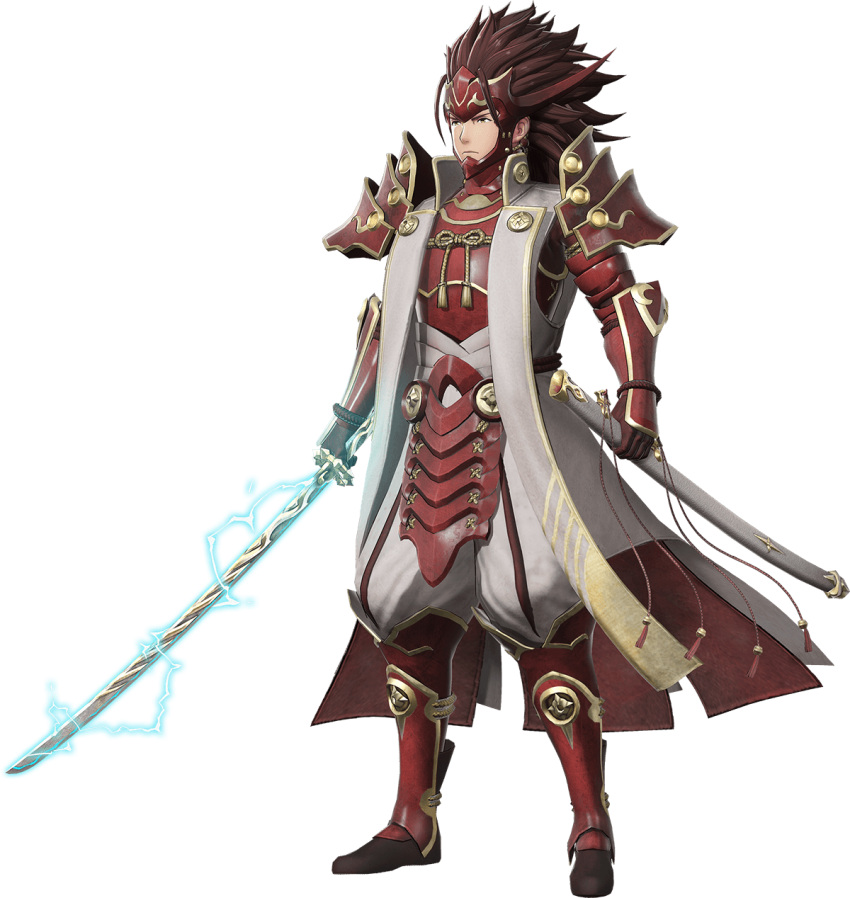 1boy arm_guards armor armored_boots boots brown_eyes brown_hair electricity fire_emblem fire_emblem_if fire_emblem_musou full_body gloves highres holding holding_sword holding_weapon katana long_hair looking_away male_focus mask official_art raijintou_(sword) ryouma_(fire_emblem_if) sheath solo standing sword transparent_background weapon