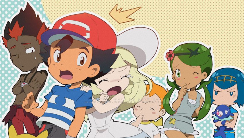 3boys 3girls behind_another black_hair blonde_hair blue_hair crying green_hair kaki_(pokemon) lillie_(pokemon) mamane_(pokemon) mallow_(pokemon) multiple_boys multiple_girls npc npc_trainer orange_hair pikachu pink-hudy pokemon pokemon_(anime) pokemon_(creature) pokemon_(game) pokemon_sm pokemon_sm_(anime) popplio redhead satoshi_(pokemon) suiren_(pokemon) trial_captain