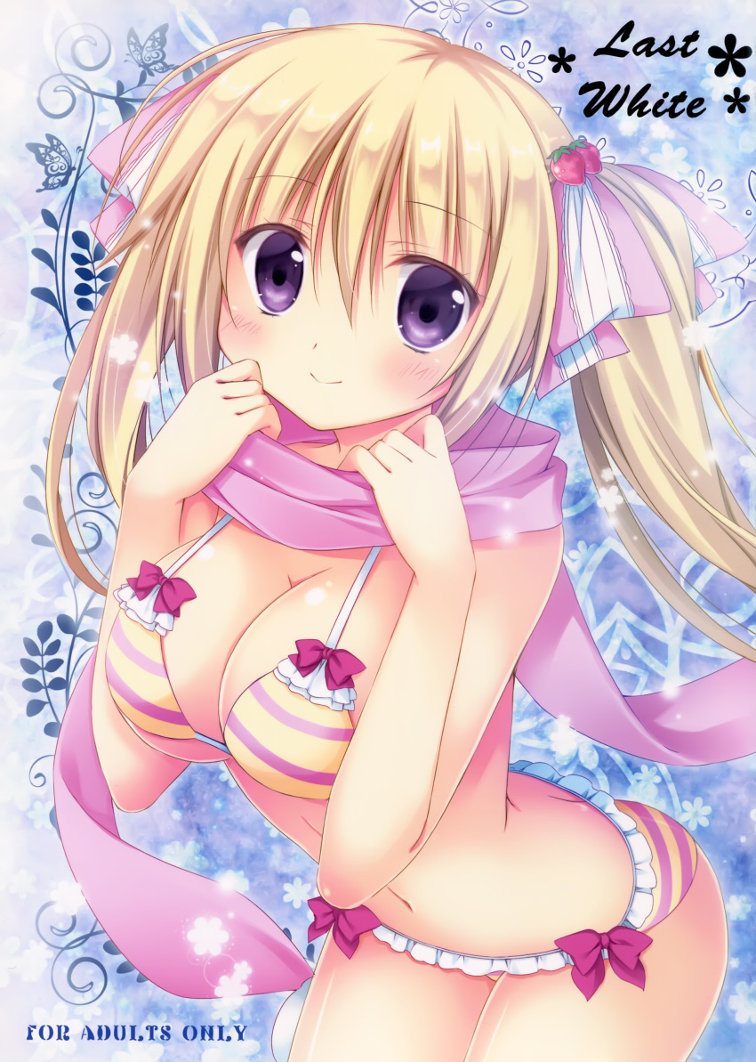 1girl absurdres bangs bare_arms bare_shoulders bikini blonde_hair blush bow_bikini breasts cabbage_soft cleavage cowboy_shot eyebrows_visible_through_hair food_themed_hair_ornament frilled_bikini frills hair_between_eyes hair_ornament hair_ribbon hands_up highres hoshikoi_tinkle korie_riko large_breasts legs_together long_hair looking_at_viewer midriff navel pink_ribbon purple_bikini purple_scarf ribbon scan scarf smile solo standing strap_gap strawberry_hair_ornament striped striped_bikini swimsuit twintails violet_eyes
