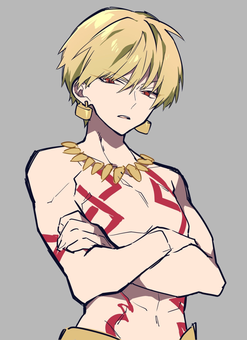 bangs blonde_hair crossed_arms earrings fate/stay_night fate_(series) gilgamesh grey_background highres jewelry lock looking_at_viewer male_focus mochizuki_kei necklace parted_lips red_eyes simple_background solo