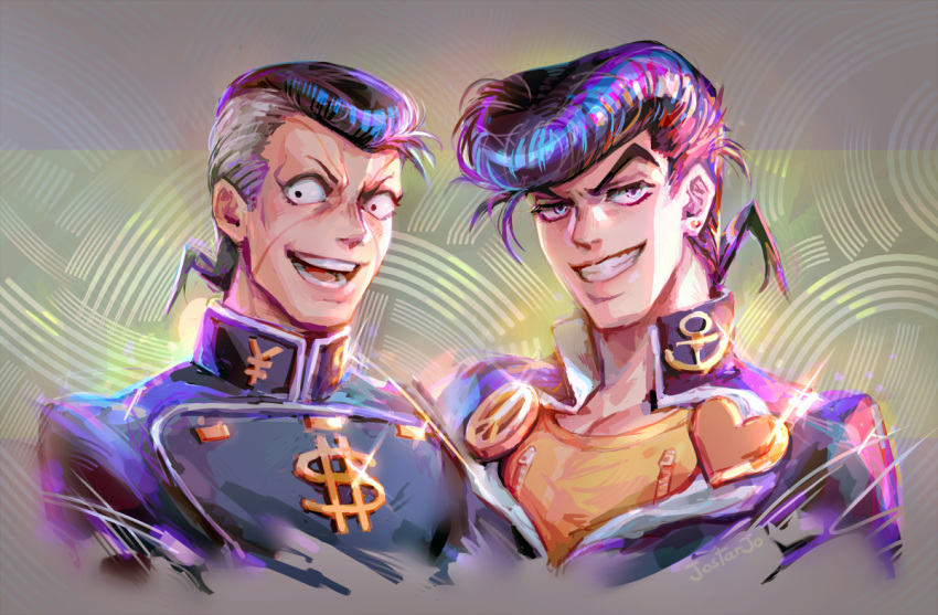 2boys anchor_symbol artist_name dollar_sign earrings facial_mark gakuran grey_hair grin heart higashikata_jousuke jewelry jojo_no_kimyou_na_bouken jostarjo male_focus multicolored_hair multiple_boys nijimura_okuyasu open_mouth peace_symbol pin pompadour purple_hair school_uniform shiny signature smile stud_earrings two-tone_hair yen_sign zipper