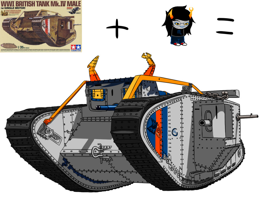 equal_sign fangs fusion ground_vehicle highres hippocrit homestuck horns mark_iv_tank military military_vehicle motor_vehicle paint parody plus_sign real_life recolor tank vehicle vriska_serket war weapon white_background world_war_i