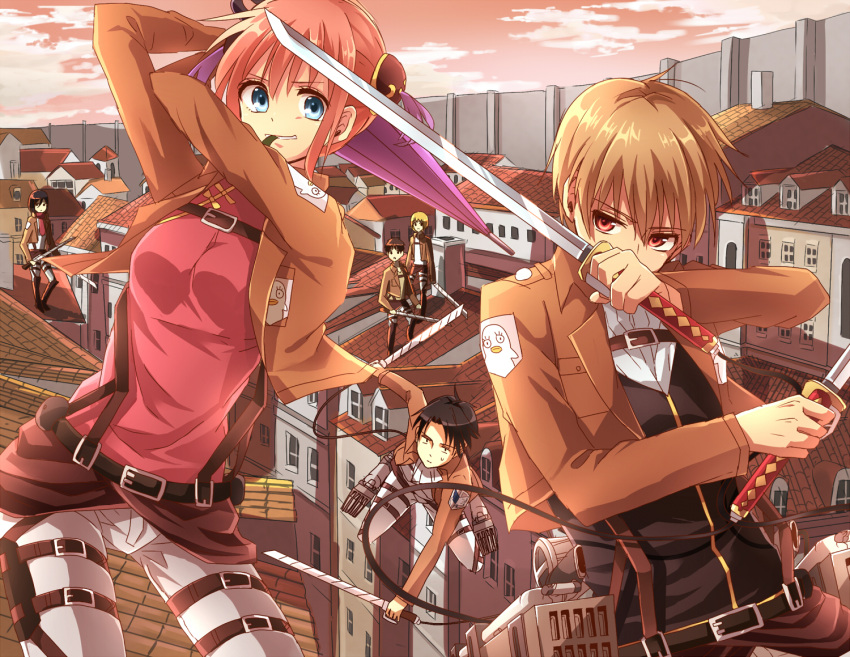 2girls 4boys armin_arlert belt black_hair blonde_hair blue_eyes breasts brown_hair brown_jacket brown_shirt closed_umbrella crossover double_bun dual_wielding dusk elizabeth_(gintama) eren_yeager gintama grey_pants hair_between_eyes holding holding_sword holding_umbrella holding_weapon jacket kagura_(gintama) kappe_reeka katana levi_(shingeki_no_kyojin) long_hair medium_breasts mikasa_ackerman military military_uniform mouth_hold multiple_boys multiple_girls okita_sougo open_clothes open_jacket oriental_umbrella outdoors pants purple_umbrella red_eyes red_scarf red_shirt redhead scarf shingeki_no_kyojin shirt short_hair_with_long_locks sidelocks smile sweatdrop sword three-dimensional_maneuver_gear umbrella uniform weapon