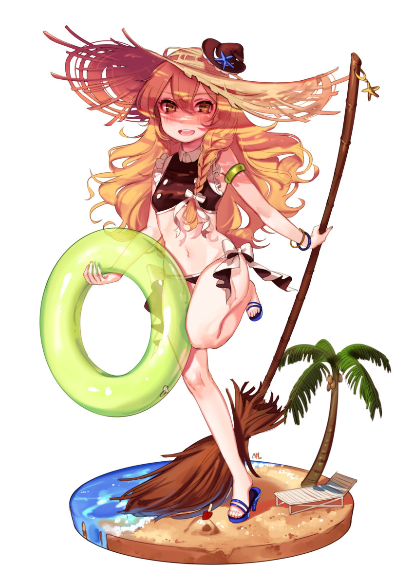 1girl absurdres beach bikini black_bikini blonde_hair blush bow bracelet braid broom chair coconut coconut_tree full_body hair_bow hat high_heels highres innertube jewelry kirisame_marisa long_hair looking_at_viewer lounge_chair mini_hat navel open_mouth palm_tree sand sandals shovel side-tie_swimsuit side_braid simple_background smile solo star straw_hat swimsuit tis_(shan0x0shan) touhou tree trowel water wavy_hair white_background white_bow witch_hat worktool yellow_eyes