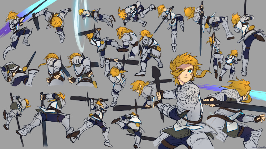 1boy action armor armored_boots arms_up attack bangs black_gloves black_pants blonde_hair blue_eyes boots elf facing_away fingerless_gloves floating_hair futabaaf gauntlets gloves grey_background hair_over_one_eye holding holding_sword holding_weapon jumping legs_apart link long_hair looking_afar looking_at_viewer motion_blur motion_lines multiple_views pants pauldrons pointy_ears ponytail shoe_soles shoulder_armor sidelocks simple_background slashing spinning squatting sword the_legend_of_zelda two-handed_sword weapon