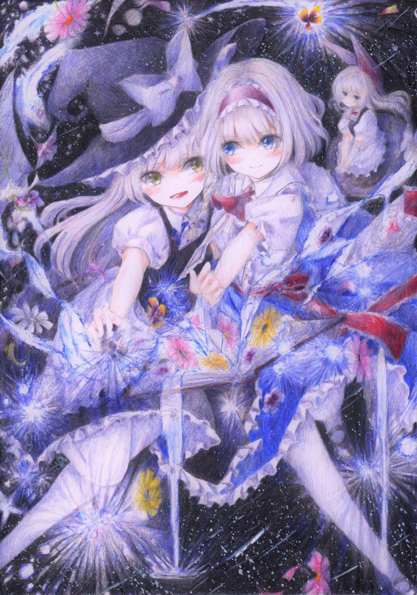 2girls alice_margatroid blonde_hair blue_eyes blush book bow braid colored_pencil_(medium) darkkanan dress flower hair_bow hair_ribbon hat highres imperishable_night kirisame_marisa long_hair looking_at_another multiple_girls open_mouth outstretched_arm ribbon shanghai_doll short_hair smile touhou traditional_media witch_hat yellow_eyes