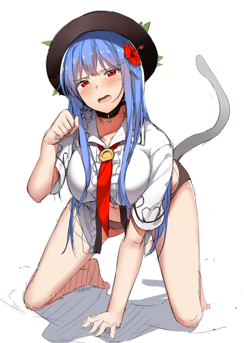 1girl absurdres breasts cat_tail hait highres hinanawi_tenshi large_breasts neropaso paw_pose solo tail touhou