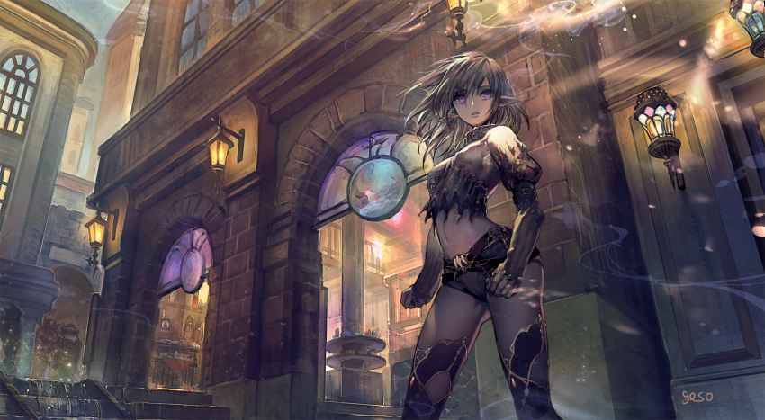 1girl arch ass_visible_through_thighs bangs belt black_legwear breasts city clenched_hands closed_mouth contrapposto crop_top dark_elf dark_skin elf fireflies from_below highres juliet_sleeves lamp long_sleeves looking_away medium_breasts medium_hair midriff navel night original outdoors pointy_ears puffy_sleeves serious short_shorts shorts signature silver_hair sleeves_past_wrists smoke solo stained_glass storefront thigh-highs umiu_geso violet_eyes wall_lamp