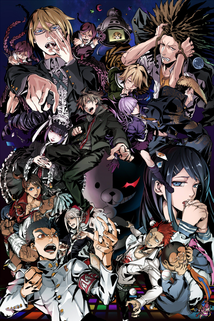 6+boys 6+girls absurdly_long_hair adjusting_glasses armband bandage belt black_boots black_dress black_hair black_lips black_nails black_pants black_shirt blonde_hair blue_eyes blue_sweater boots braid breasts brown_hair brown_necktie cardigan celestia_ludenberck character_request chawan_fukasu cleavage clenched_teeth dangan_ronpa dangan_ronpa_1 dark_skin dress drill_hair frilled_dress frills fujisaki_chihiro glasses gothic_lolita green_eyes hair_ornament hairclip hands_clasped hands_in_hair highres index_finger_raised jacket jewelry kirigiri_kyouko knee_boots layered_dress lipstick lolita_fashion long_hair looking_at_viewer makeup medium_breasts miniskirt monokuma multiple_boys multiple_girls naegi_makoto nail_polish necklace necktie open_cardigan open_clothes open_mouth orange_necktie outstretched_arm pants ponytail purple_hair purple_jacket purple_skirt red_eyes red_necktie red_sweater redhead shirt short_hair short_hair_with_long_locks sidelocks silver_hair skirt spiky_hair sweater tears teeth tongue tongue_out twin_drills very_long_hair very_short_hair white_necktie white_shirt