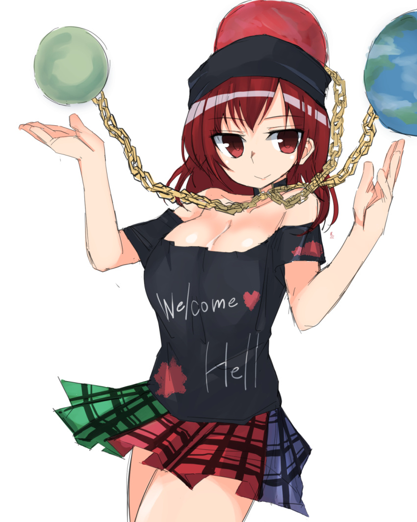 1girl bangs bare_shoulders black_shirt breasts chains cleavage closed_mouth cowboy_shot earth_(ornament) eyebrows_visible_through_hair golgi_hon hands_up heart hecatia_lapislazuli highres looking_at_viewer medium_breasts moon_(ornament) multicolored multicolored_clothes multicolored_skirt pleated_skirt polos_crown red_eyes redhead shirt short_sleeves simple_background skirt solo t-shirt touhou white_background