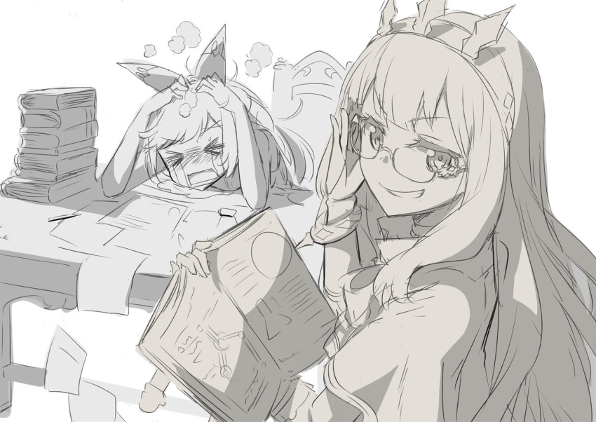 &gt;_&lt; 2girls adjusting_glasses bespectacled book book_stack cagliostro_(granblue_fantasy) clarisse_(granblue_fantasy) closed_eyes commentary_request crying glasses gochou_(atemonai_heya) granblue_fantasy grin hands_on_own_head jpeg_artifacts long_hair monochrome multiple_girls open_book papers rectangular_mouth sketch smile streaming_tears tears