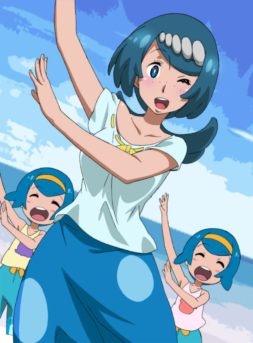 3girls ;d ^_^ ^o^ baggy_pants beach blue_sky blush blush_stickers breasts child closed_eyes clouds collarbone commentary_request dancing day hairband happy highres hou_(pokemon) looking_at_viewer mature mother_and_daughter multiple_girls ocean one_eye_closed open_mouth outdoors pants pokemon pokemon_(anime) pokemon_sm_(anime) ponytail shirt short_sleeves siblings sisters skirt sky smile sui_(pokemon) suiren's_mother_(pokemon) tank_top twins yuukami_(wittsu)