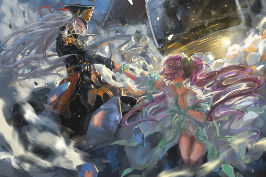 gloves green_eyes gunpuku_no_himegimi hand_holding hand_on_own_chest hat highres kirameki_mamika long_hair looking_at_another looking_down looking_up military military_uniform pink_hair re:creators red_eyes silver_hair song_ren twintails uniform wind