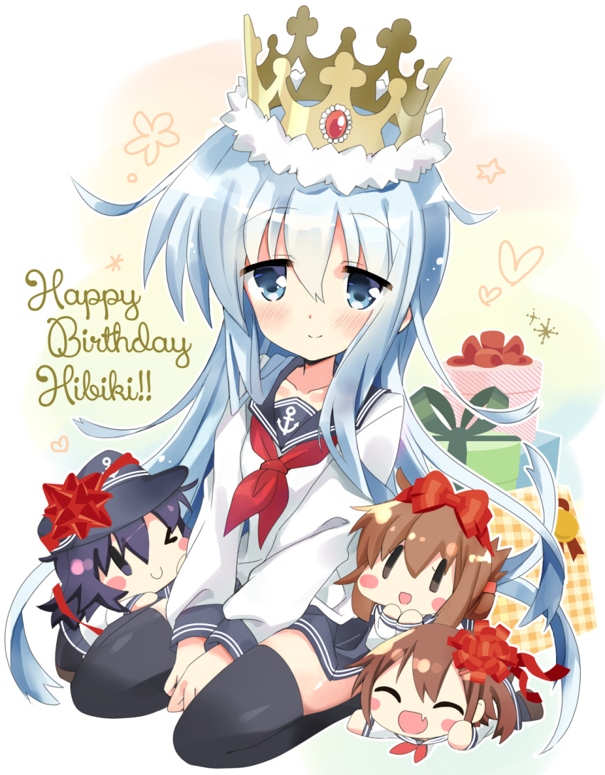 4girls akatsuki_(kantai_collection) black_hair black_legwear blue_eyes blue_sailor_collar blue_skirt brown_hair cake chibi crown food gift hair_ribbon happy_birthday hibiki_(kantai_collection) highres hizuki_yayoi ikazuchi_(kantai_collection) inazuma_(kantai_collection) kantai_collection long_hair multiple_girls neckerchief pleated_skirt red_neckerchief ribbon school_uniform serafuku silver_hair skirt solid_oval_eyes thigh-highs