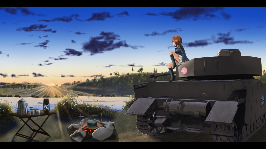 1girl anglerfish arm_support bangs black_boots black_legwear blue_jacket boots campfire clouds cloudy_sky commentary couai cup forest girls_und_panzer ground_vehicle jacket lamp long_sleeves military military_uniform military_vehicle miniskirt motor_vehicle nature nishizumi_miho ooarai_military_uniform open_mouth outdoors panzerkampfwagen_iv pleated_skirt short_hair sitting skirt sky smile socks solo sun sunrise tank teapot uniform white_skirt