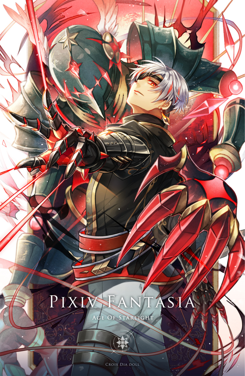 1boy absurdres croix_dia_doll earrings gauntlets helmet highres jewelry looking_at_viewer male_focus multicolored_hair pixiv_fantasia pixiv_fantasia_age_of_starlight red_eyes silver_hair standing streaked_hair yorukage