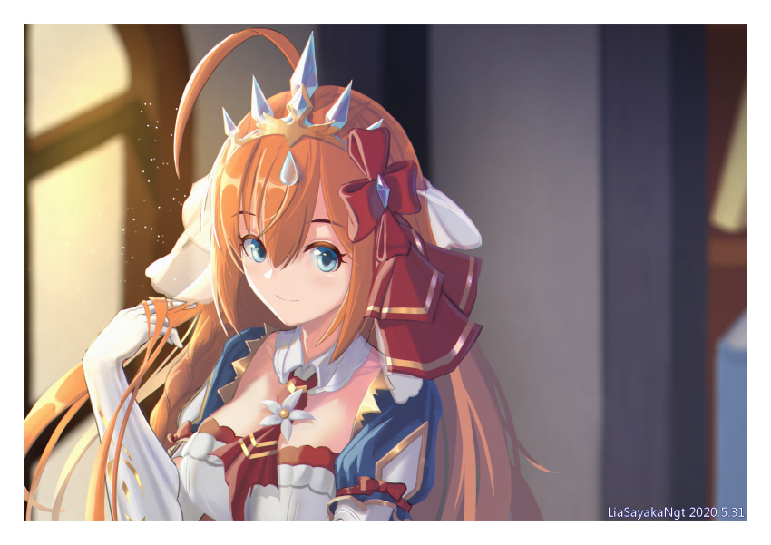 1girl adjusting_hair ahoge artist_name blue_eyes blurry blurry_background border dated elbow_gloves gloves hair_between_eyes hair_ribbon highres liasayakangt long_hair looking_at_viewer orange_hair pecorine princess_connect! princess_connect!_re:dive red_neckwear red_ribbon ribbon smile solo tiara upper_body very_long_hair white_border white_gloves window