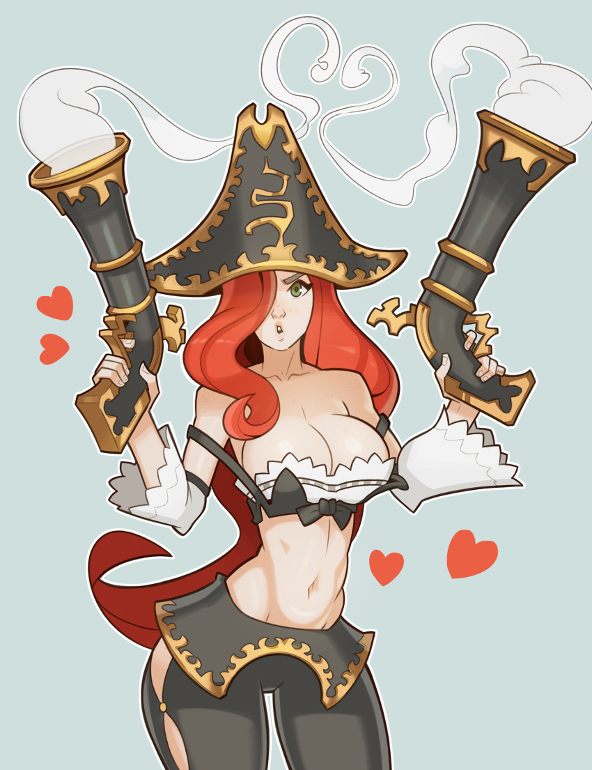 1girl antique_firearm blue_background breasts cleavage dual_wielding firearm firelock flintlock green_eyes groin gun hair_over_one_eye hat heart highres large_breasts league_of_legends looking_at_viewer midriff navel parted_lips pirate_hat redhead sarah_fortune simple_background solo splashbrush thighs weapon