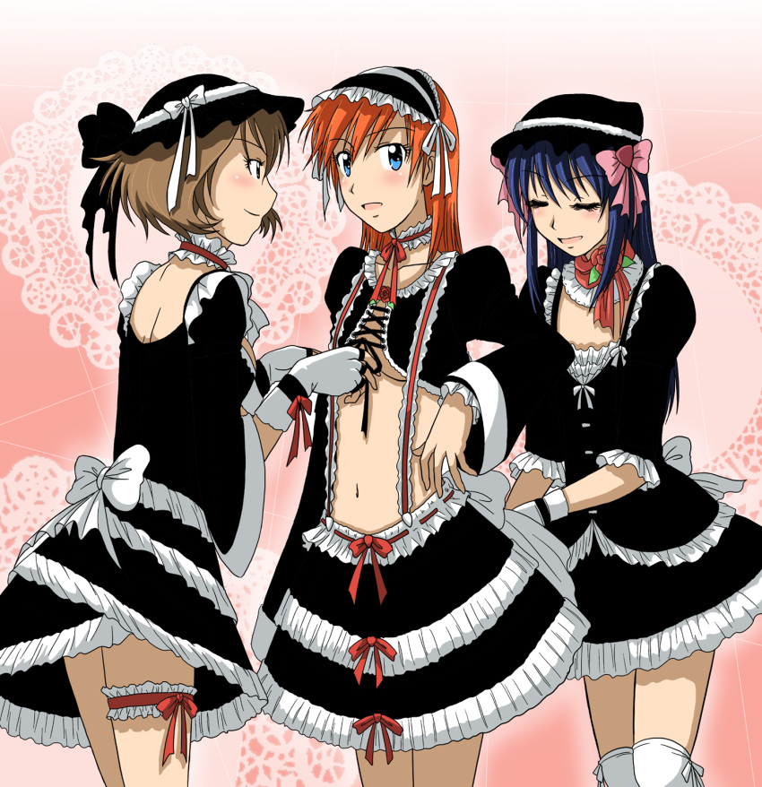 3girls alternate_costume alternate_headwear blue_hair blush brown_eyes brown_hair gothic_lolita green_eyes haruka_(pokemon) hat highres hikari_(pokemon) kakkii kasumi_(pokemon) lolita_fashion long_hair midriff multiple_girls navel orange_hair pokemon ribbon suspenders thigh-highs thighhighs