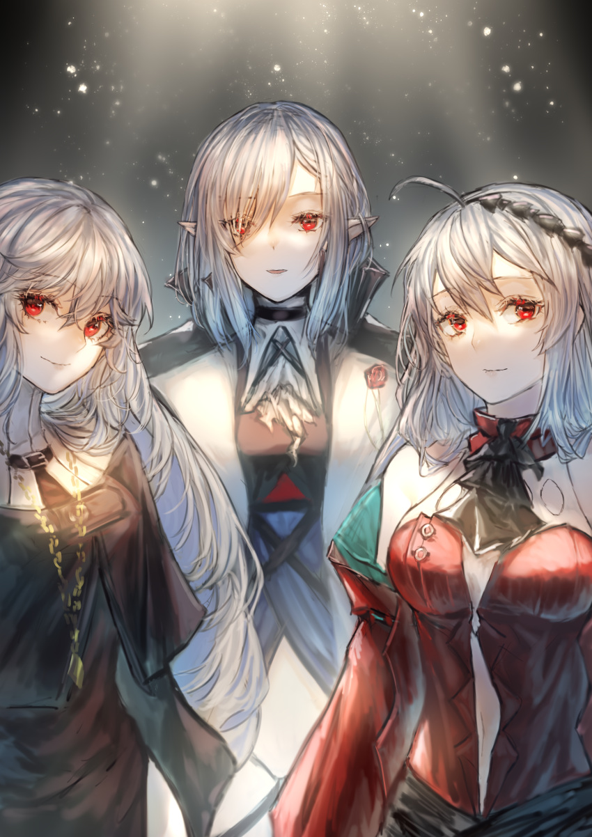 3girls absurdres ahoge arknights ascot black_background black_capelet black_neckwear black_robe capelet chinese_commentary coat commentary_request detached_sleeves dress eyes_visible_through_hair gladiia_(arknights) habit hair_ornament hair_over_one_eye highres jewelry long_hair looking_at_viewer multiple_girls necklace nun pants pointy_ears realpha red_eyes robe silver_hair skadi_(arknights) skadi_the_corrupting_heart_(arknights) smile specter_(arknights) sunlight white_coat white_neckwear