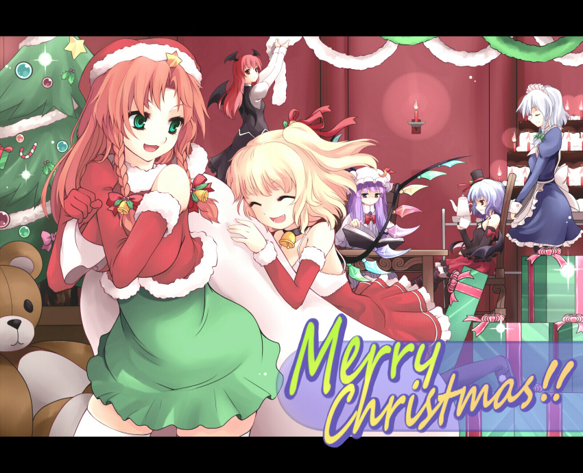 bear bell blonde_hair blue_hair candle christmas christmas_tree flandre_scarlet gloves green_eyes hairband hat highres hong_meiling izayoi_sakuya jungetsu_hoko koakuma long_hair maid patchouli_knowledge purple_hair red_hair redhead remilia_scarlet ribbon ribbons santa_costume short_hair silver_hair star stars stuffed_animal stuffed_toy tea touhou wings