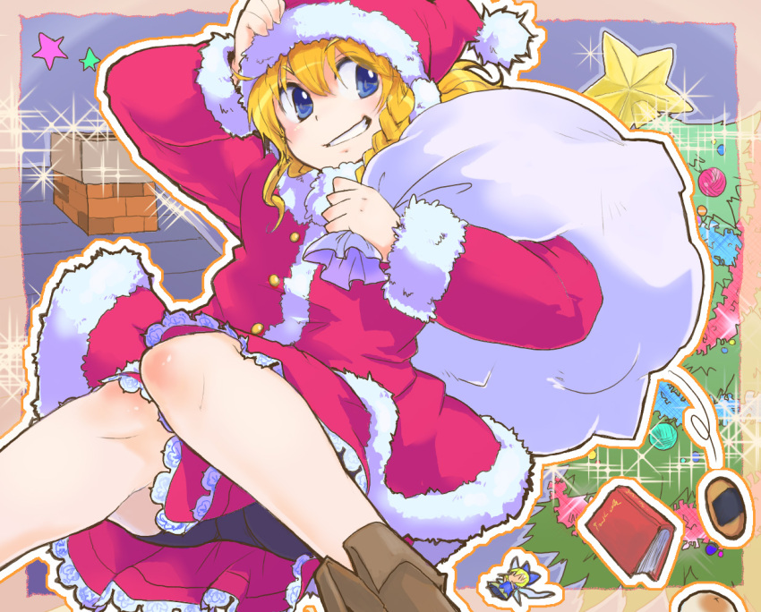 blue_eyes book christmas christmas_tree cookie cookies fairy food grin hand_on_hat kirisame_marisa long_hair looking_back rotan sack santa_costume smile sparkle star stars touhou