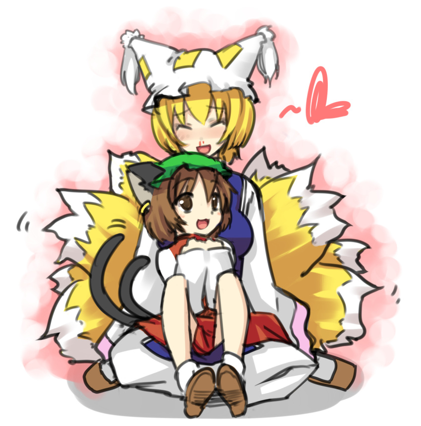 animal_ears blonde_hair blood blush brown_eyes brown_hair cat_ears cat_tail chen closed_eyes doriruman earrings fox_tail happy hat heart highres jewelry lap_sitting multi_tail multiple_girls multiple_tails nosebleed short_hair sitting sitting_on_lap sitting_on_person tail touhou yakumo_ran