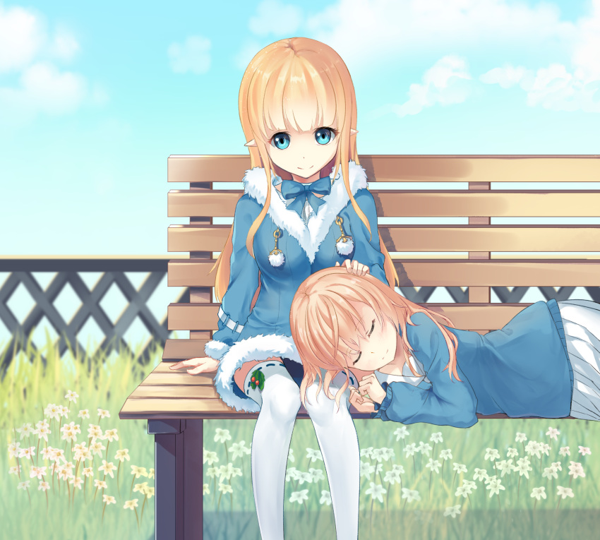 2girls bench blonde_hair blue_coat blue_eyes blue_shirt closed_eyes clouds coat elf flower hand_on_another's_head highres karin_(fineyanny) lap_pillow long_hair lying multiple_girls on_stomach original outdoors pointy_ears shirt sitting skirt sky sleeping smile thigh-highs white_legwear white_skirt