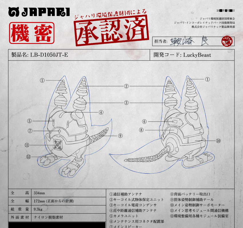 absurdres animal_ears blueprint highres japari_symbol kemono_friends lucky_beast_(kemono_friends) machine no_humans robot tail translation_request
