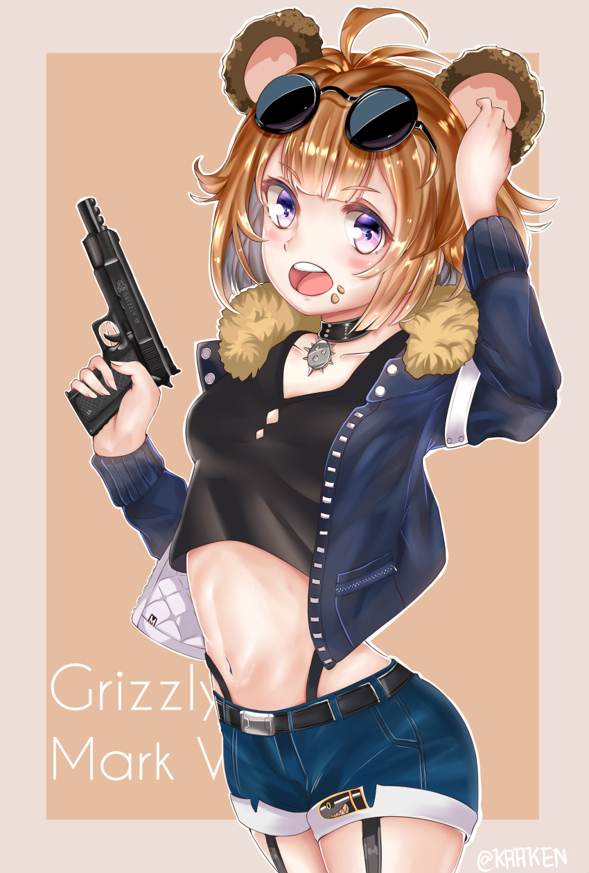 1girl absurdres ahoge animal_ears artist_request blush breasts brown_hair collarbone food_in_mouth girls_frontline glasses_on_head grizzly_mkv_(girls_frontline) gun handgun highres jacket looking_at_viewer midriff navel open_mouth pistol short_hair shorts small_breasts trigger_discipline violet_eyes weapon younger