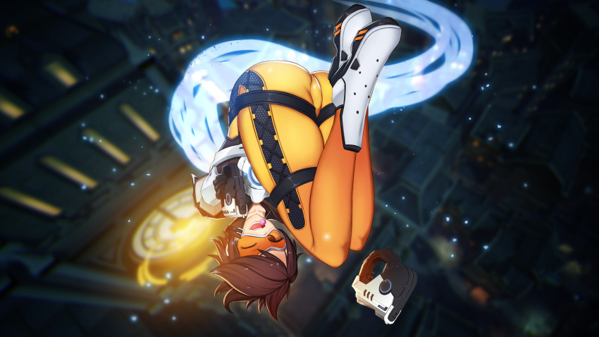 1girl ;d aiming_at_viewer ass bangs black_gloves bodysuit bomber_jacket boots brown_eyes brown_hair brown_jacket building candy character_name clock clock_tower collarbone commentary_request cross-laced_clothes cross-laced_legwear daydream_(zhdkffk21) dual_wielding elbow_gloves food full_body fur_trim gloves glowing goggles gun handgun harness highres holding holding_gun holding_weapon jacket knee_boots leather leather_jacket logo lollipop looking_at_viewer one_eye_closed open_mouth orange_bodysuit overwatch pants pistol revision shoes short_hair short_sleeves skin_tight sleeves_rolled_up smile solo spiky_hair swept_bangs thigh_strap thighs tight tight_pants tower tracer_(overwatch) upside-down vambraces weapon white_boots