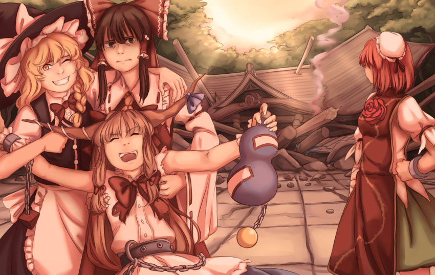 4girls ^_^ apron arm_around_shoulder ascot bandage bangs belt blonde_hair blunt_bangs bow bowtie brown_eyes brown_hair bun_cover chains chinese_clothes closed_eyes commentary destruction drunk flower gourd hair_bow hair_tubes hakurei_reimu hand_on_hip hat highres holding_another's_arm holding_arms horn_ribbon horns ibaraki_kasen ibuki_suika kirisame_marisa long_hair looking_back mefomefo multiple_girls one_eye_closed open_mouth redhead ribbon rose serious shrine smile thumbs_up touhou tree waist_apron wavy_hair wide_sleeves witch_hat wrist_cuffs yellow_eyes