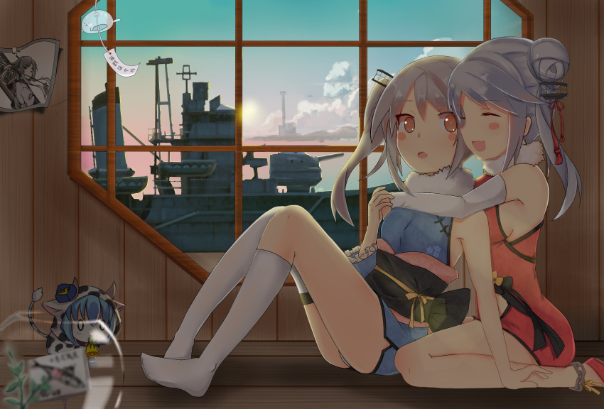 2girls absurdres architecture arm_support asymmetrical_legwear bare_legs blue_dress breasts closed_eyes clouds doll dress east_asian_architecture elbow_gloves fishbowl floral_print fur_collar gloves green_sky grey_hair hair_bun hair_ornament hair_ribbon hand_holding highres indoors kaga_(zhan_jian_shao_nyu) kneehighs lattice legs_folded legs_up looking_at_another multiple_girls ning_hai_(zhan_jian_shao_nyu) obi ocean open_mouth panties pantyshot ping_hai_(zhan_jian_shao_nyu) poster_(object) profile quincy_(zhan_jian_shao_nyu) red_dress ribbon sash ship siblings side_ponytail sideboob single_kneehigh single_thighhigh sisters sitting sitting_on_lap sitting_on_person sleeveless sleeveless_dress smile sun thigh-highs thighs underwear wariza watercraft white_gloves white_legwear window wooden_floor wooden_wall yellow_eyes yesheng_yaomeng zhan_jian_shao_nyu