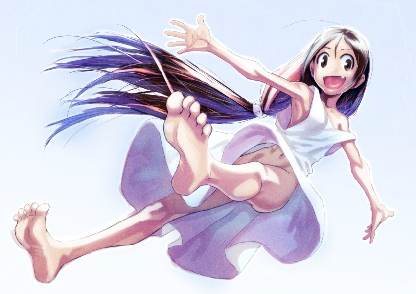 1girl :d bare_shoulders barefoot bottomless brown_eyes brown_hair dress fang feet legs long_hair navel no_bra no_panties open_mouth original outstretched_arms ponytail scrunchie skinny smile soles solo soon spread_arms sundress toes very_long_hair white_dress