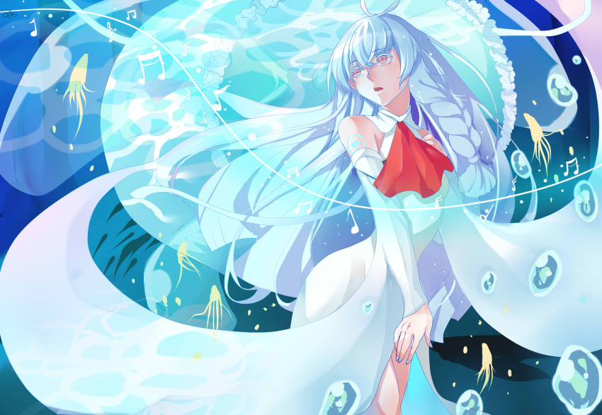 air_bubble antenna_hair ascot bare_shoulders beamed_semiquavers blue_background braid colored_eyelashes detached_sleeves dress eyelashes frills hand_on_own_chest highres jellyfish long_hair long_sleeves looking_away lumi_(vocaloid) minim musical_note open_mouth p-pepper quaver red_ascot red_eyes semiquaver shoulder_tattoo side_braid single_braid sleeveless sleeveless_dress squid tattoo treble_clef underwater very_long_sleeves vocaloid white_dress white_eyelashes white_hair