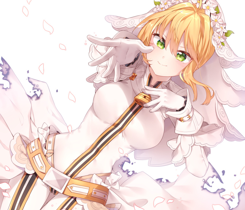 0ye 1girl ahoge bangs belt blonde_hair bodysuit burnt_clothes cowboy_shot dutch_angle fate/extra fate/extra_ccc fate_(series) full-length_zipper gloves gluteal_fold green_eyes highres lock looking_at_viewer loose_belt padlock petals saber_bride saber_extra smile solo thigh_gap veil white_gloves wreath zipper