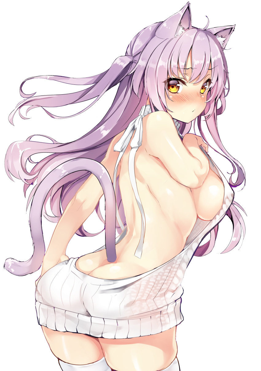 1girl absurdres animal_ears arm_up ass backless_outfit bangs bare_back bare_shoulders blush breasts butt_crack cat_ears cat_girl cat_tail closed_mouth cowboy_shot dress eyebrows_visible_through_hair fang from_behind halterneck hand_on_own_chest heart highres large_breasts lavender_hair long_hair looking_at_viewer looking_back meme_attire naked_sweater open-back_dress original purple_hair ribbed_sweater shimofuri sideboob simple_background solo sweater sweater_dress tail turtleneck turtleneck_sweater two_side_up virgin_killer_sweater white_background yellow_eyes