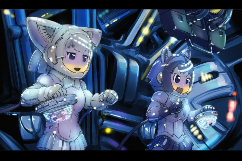 2girls animal_ears blonde_hair bodysuit bow bowtie common_raccoon_(kemono_friends) fake_animal_ears fang fennec_(kemono_friends) gloves helmet interior kemono_friends letterboxed mecha multiple_girls open_mouth pacific_rim pilot_suit piloting smile ueyama_michirou