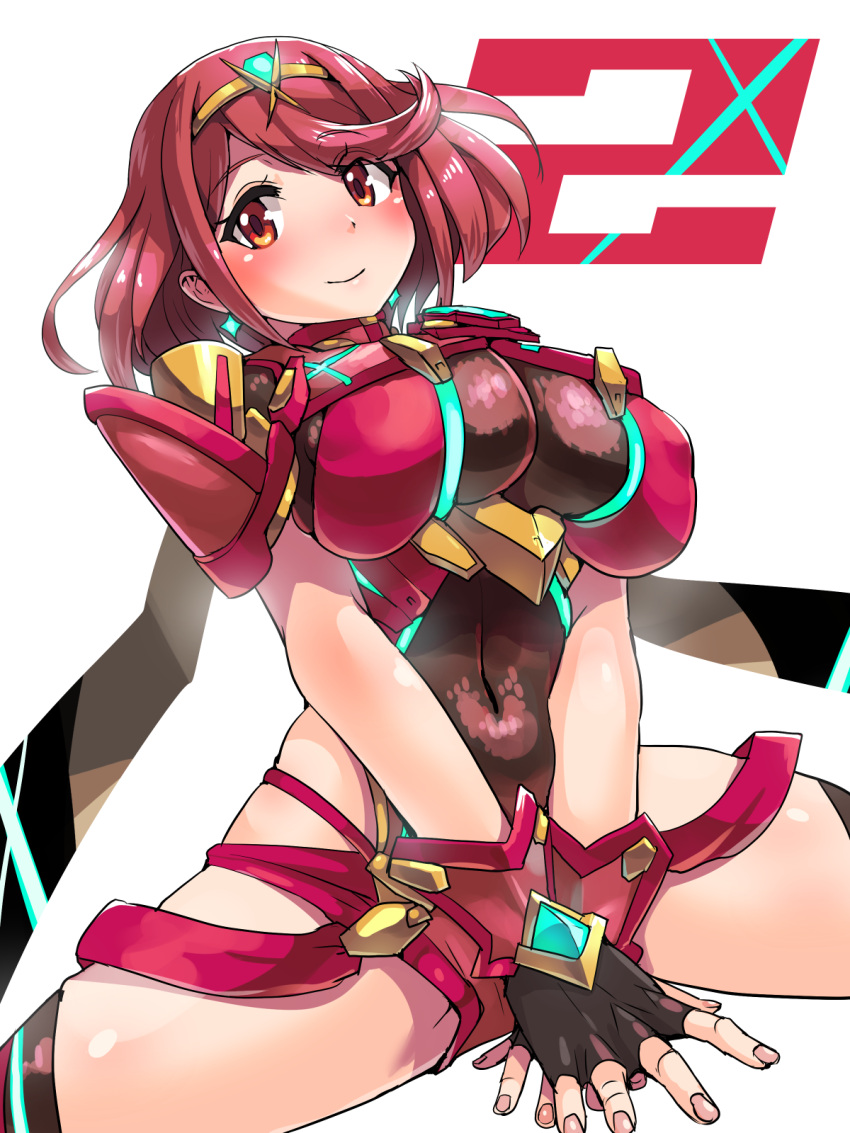 1girl belly boris_(noborhys) breasts circlet covered_navel fingerless_gloves gloves highres hips pyra_(xenoblade) large_breasts light_smile looking_at_viewer red_eyes redhead short_hair simple_background smile solo spread_legs thighs white_background xenoblade xenoblade_2