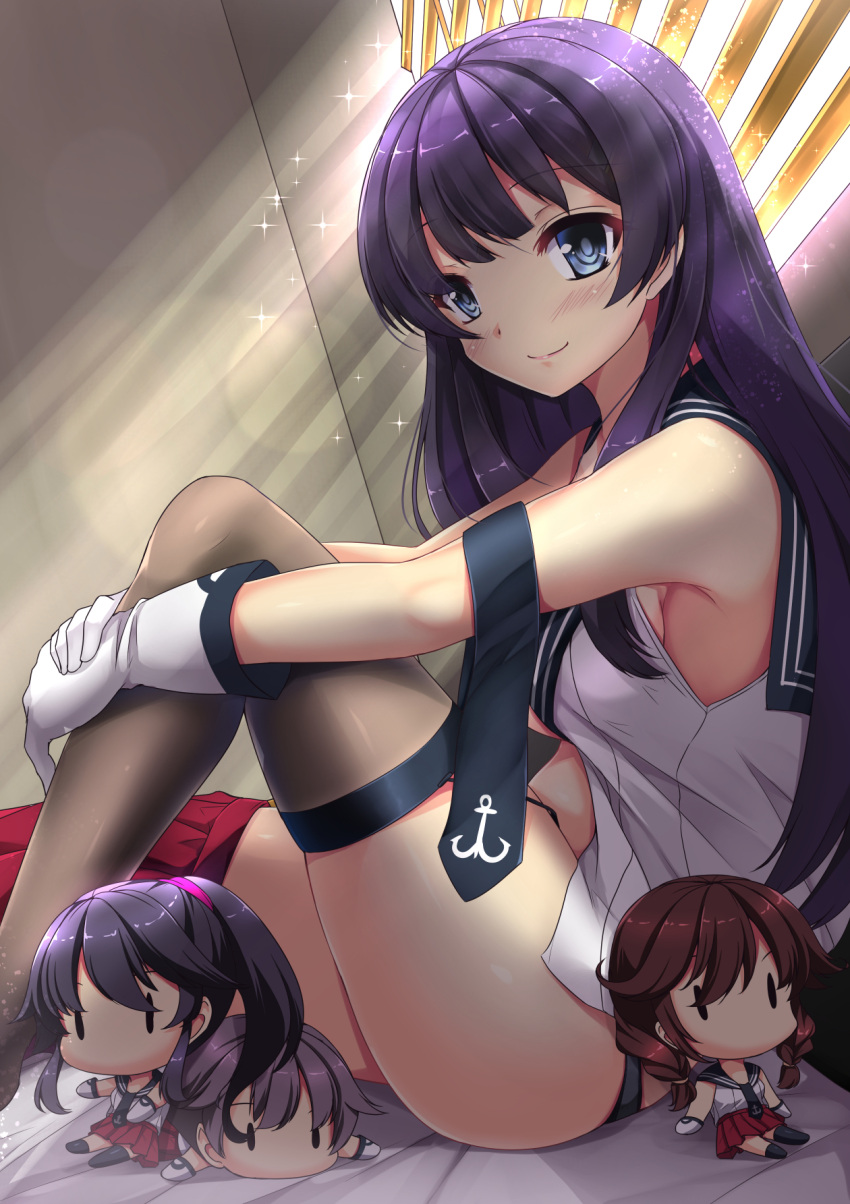 10s agano_(kantai_collection) anchor_symbol black_panties blue_eyes blush chibi commentary eyebrows_visible_through_hair gloves hair_between_eyes hand_on_own_knee highres kantai_collection long_hair looking_at_viewer necktie noshiro_(kantai_collection) on_bed one_leg_raised panties purple_hair red_skirt room sailor_collar sakawa_(kantai_collection) sheita shirt single_thighhigh sitting sitting_on_bed skirt skirt_on_one_leg skirt_removed smile sparkle thigh-highs underwear white_gloves white_shirt yahagi_(kantai_collection) |_|