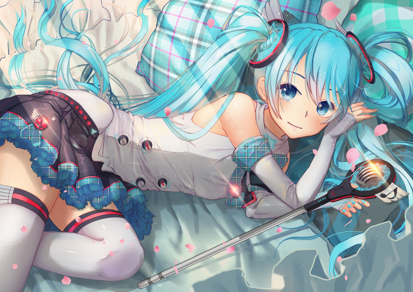 1girl bangs black_skirt blue_eyes blue_hair blue_nails closed_mouth commentary_request detached_sleeves fingernails hair_between_eyes hatsune_miku highres kyoungi_nyang long_hair long_twintails looking_at_viewer magical_mirai_(vocaloid) musical_note nail_polish on_bed petals pillow pleated_skirt quaver shirt skirt sleeveless sleeveless_shirt smile solo thigh-highs twintails very_long_hair vocaloid white_legwear white_shirt zettai_ryouiki