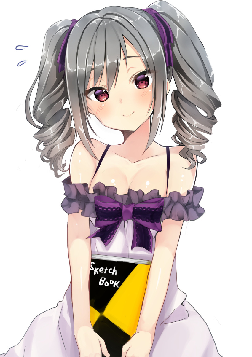 1girl absurdres bare_shoulders blush book breasts cleavage commentary_request drill_hair highres holding holding_book idolmaster idolmaster_cinderella_girls kanzaki_ranko long_hair medium_breasts red_eyes shimofuri silver_hair sketchbook smile solo twin_drills white_background