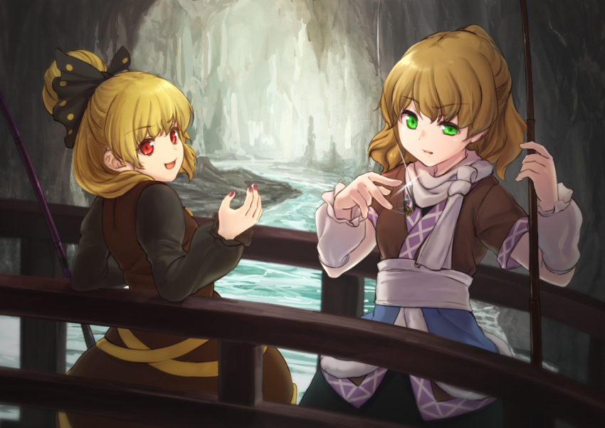 2girls arm_warmers bangs black_bow blonde_hair bow bridge brown_dress cave dress eyebrows_visible_through_hair fishing_hook fishing_rod green_eyes hair_bow kurodani_yamame leaning_back long_hair long_sleeves looking_at_viewer mikami_yuuki_(nl8you) mizuhashi_parsee multiple_girls nail_polish ponytail red_eyes sash scarf smile sparkle stalactite stalagmite standing touhou water white_scarf