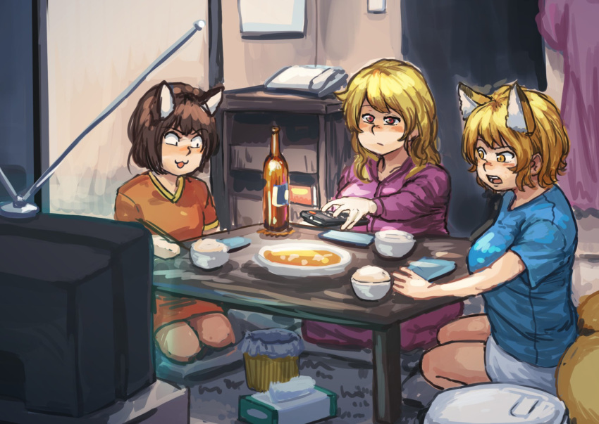 3girls alternate_costume animal_ears bangs blonde_hair blue_shirt bottle breasts casual cat_ears chanta_(ayatakaoisii) chen commentary_request constricted_pupils contemporary controller dress expressionless food fox_ears fox_tail highres indoors long_hair long_sleeves looking_down medium_breasts multiple_girls multiple_tails napkin no_hat no_headwear pajamas purple_dress purple_pajamas red_dress remote_control rice seiza shirt short_dress short_sleeves shorts sitting surprised t-shirt table tail television thighs touhou violet_eyes white_shorts yakumo_ran yakumo_yukari yellow_eyes