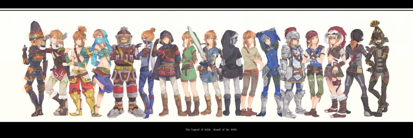 6+boys aco_co0 alternate_costume armor bandanna bodysuit boots brown_hair copyright_name crossdressinging dark_link gerudo_link hair_ornament headband headdress helmet highres horned_headwear link mask midriff multiple_boys multiple_persona navel pointy_ears scarf side-by-side sword tattoo the_legend_of_zelda the_legend_of_zelda:_breath_of_the_wild trap veil weapon