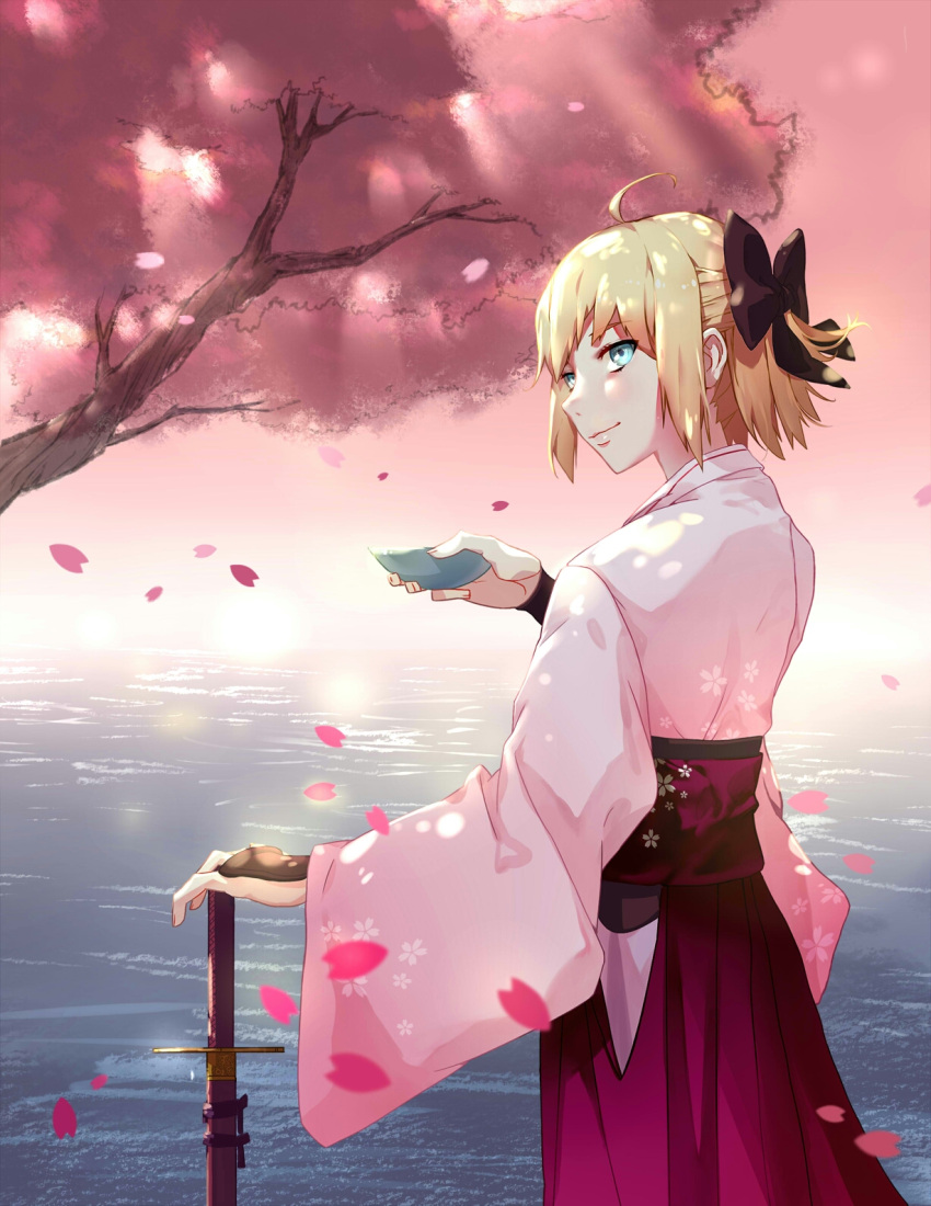 1girl ahoge blonde_hair bow brown_bow cherry_blossoms fate/grand_order fate_(series) hair_bow hand_on_hilt highres hip_vent japanese_clothes koha-ace memoirs petals sakura_saber smile solo vambraces water wide_sleeves wind