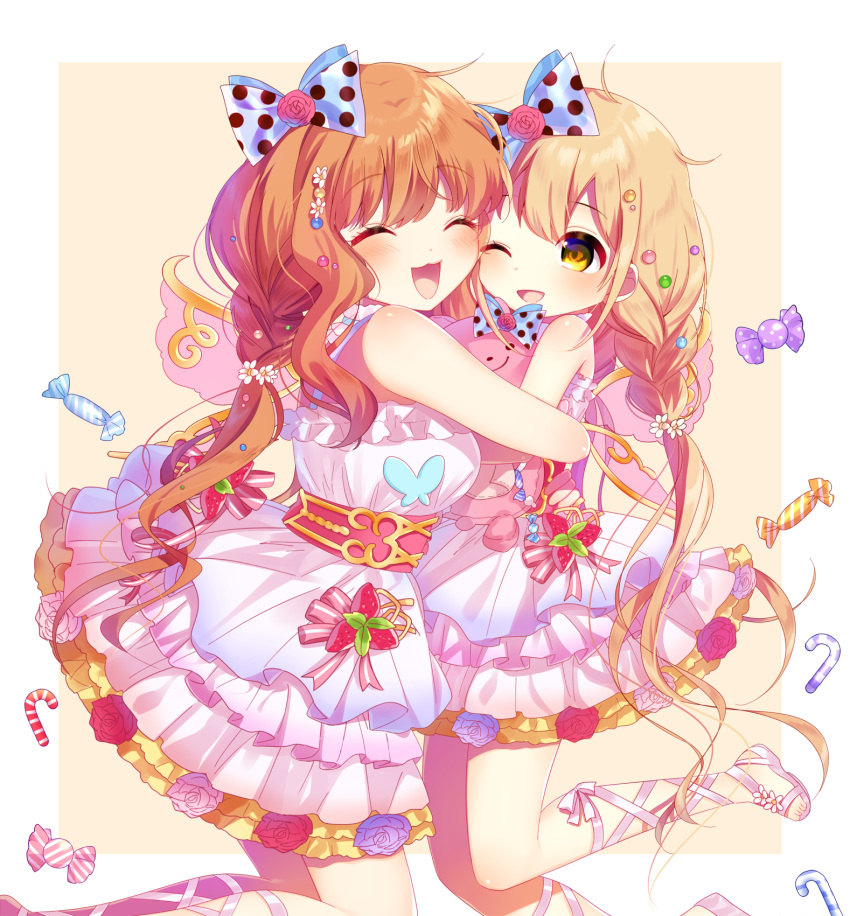 2girls :3 :d ^_^ bangs beige_background blonde_hair blush bow brown_hair candy candy_cane closed_eyes dress eyebrows_visible_through_hair flower food frilled_dress frills futaba_anzu hair_bow hair_flower hair_ornament highres hug idolmaster idolmaster_cinderella_girls long_hair low_twintails mafuyu_(chibi21) moroboshi_kirari multiple_girls one_eye_closed open_mouth polka_dot polka_dot_bow simple_background smile twintails wavy_hair wings yellow_eyes