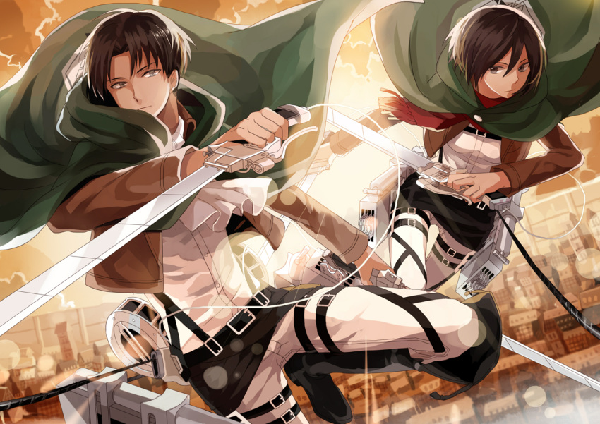 1boy 1girl black_eyes black_hair brown_eyes brown_jacket cape day dress_shirt dual_wielding green_cape hair_between_eyes holding holding_sword holding_weapon jacket lens_flare levi_(shingeki_no_kyojin) looking_at_viewer michi_(iawei) mikasa_ackerman military military_uniform open_clothes open_jacket outdoors pants red_scarf scarf shingeki_no_kyojin shirt short_hair sunlight sword three-dimensional_maneuver_gear uniform weapon white_pants white_shirt