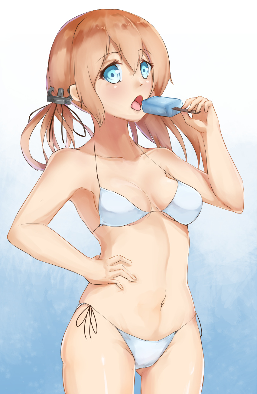 10s 1girl absurdres bikini blue_eyes breasts collarbone cowboy_shot dantes_ward food gluteal_fold hand_on_hip highres kantai_collection light_brown_hair long_hair looking_at_viewer low_twintails medium_breasts navel open_mouth popsicle prinz_eugen_(kantai_collection) side-tie_bikini strap_gap string_bikini swimsuit tongue tongue_out twintails white_bikini