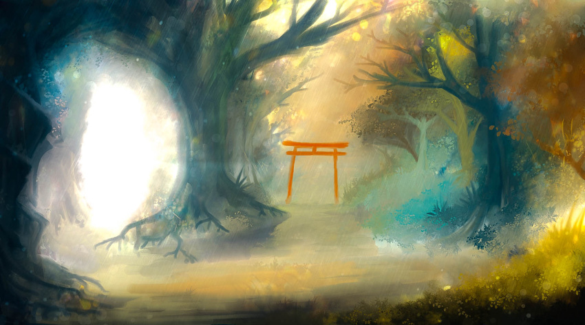 akyuun bush commentary fantasy forest forest_of_magic highres light_particles nature no_humans outdoors plant scenery torii touhou tree